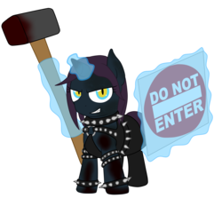 Size: 4500x4500 | Tagged: safe, artist:glacierfrostclaw, oc, oc only, oc:misery raven, bat pony, hybrid, pony, unicorn, fallout equestria, absurd resolution, blood, female, filly, glowing horn, grin, hammer, horn, magic, raider, sign, simple background, sledgehammer, slit pupils, smiling, solo, spiked wristband, telekinesis, transparent background, wristband