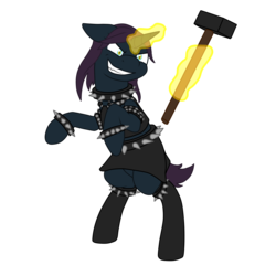 Size: 4069x4069 | Tagged: safe, artist:glacierfrostclaw, oc, oc only, oc:misery raven, bat pony, hybrid, pony, unicorn, fallout equestria, absurd resolution, female, hammer, mare, raider, simple background, sledgehammer, solo, standing up, transparent background