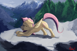 Size: 1800x1200 | Tagged: safe, artist:miokomata, fluttershy, g4, eyes closed, fangs, female, mountain, river, scenery, solo, stretching, tree