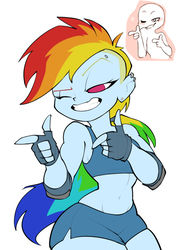 Size: 536x759 | Tagged: safe, artist:bigdad, rainbow dash, human, satyr, equestria girls, g4, breasts, clothes, delicious flat chest, elbow pads, female, fingerless gloves, gloves, gym shorts, human facial structure, one eye closed, pony colored satyr, pony coloring, rainbow flat, satyrized, shorts, simple background, solo, sports bra, sports shorts, white background, wink