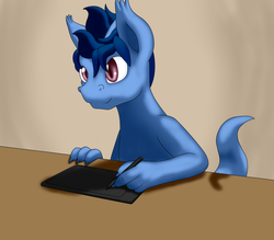 Size: 1000x875 | Tagged: safe, artist:glacierfrostclaw, oc, oc only, oc:glacier frostclaw, dracony, hybrid, drawing, sitting, solo, table, tablet