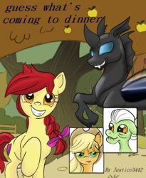 Size: 450x550 | Tagged: safe, artist:firimil, derpibooru exclusive, apple bloom, applejack, granny smith, oc, changeling, earth pony, fanfic:guess what's coming to dinner, g4, alternate hairstyle, apple, apple tree, braid, braided ponytail, cutie mark, dishonorapple, fanfic, fanfic art, fanfic cover, female, food, frown, grin, lidded eyes, looking at you, mare, older, ponytail, raised hoof, smiling, squee, tree, unamused