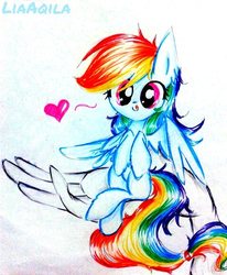 Size: 480x582 | Tagged: safe, artist:liaaqila, rainbow dash, pony, g4, female, hand, in goliath's palm, looking at you, small pony, solo, tiny ponies, traditional art
