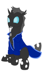 Size: 4500x7000 | Tagged: safe, artist:glacierfrostclaw, oc, oc only, oc:404, changeling, absurd resolution, changeling oc, clothes, dog tags, drone, simple background, solo, transparent background, white changeling