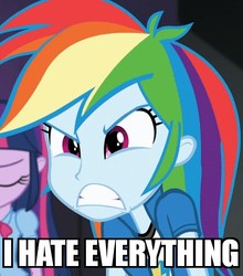 Size: 390x443 | Tagged: safe, edit, edited screencap, screencap, rainbow dash, twilight sparkle, equestria girls, g4, my little pony equestria girls: rainbow rocks, angry, cropped, image macro, meme, rainbow dash is best facemaker, solo focus