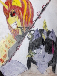 Size: 1200x1600 | Tagged: safe, artist:yarxx, sunset shimmer, anthro, equestria girls, g4, alternate clothes, blood, fight, fire, magic, sunset satan