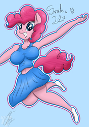 Size: 2144x3047 | Tagged: safe, artist:nexcoyotlgt, pinkie pie, earth pony, anthro, plantigrade anthro, g4, breasts, busty pinkie pie, clothes, cute, female, high res, jumping, shoes, skirt, smiling, solo