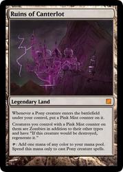 Size: 375x523 | Tagged: safe, artist:theomegaridley, edit, editor:mordekaiserhuehuehue, fallout equestria, canterlot, card, land card, lightning, magic the gathering, pink cloud (fo:e), ruins, scene interpretation, trading card edit