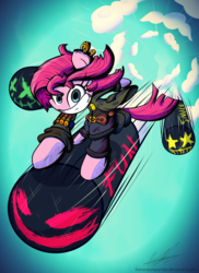 Size: 1600x2200 | Tagged: safe, artist:therandomjoyrider, pinkie pie, g4, bomb, clothes, female, jinx (league of legends), league of legends, pants, pinkamena diane pie, riding, solo, weapon