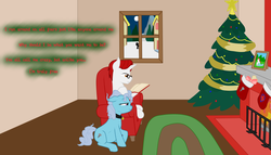 Size: 3500x2000 | Tagged: safe, artist:glacierfrostclaw, screw loose, oc, oc:doctor lore, g4, book, christmas tree, collar, female, fire, fireplace, high res, living room, pet play, petting, pregnant, reading, snow, text, tree