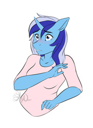 Size: 500x687 | Tagged: safe, artist:fairdahlia, minuette, anthro, g4, breasts, clothes, crying, curved horn, female, horn, shirt, simple background, solo, white background