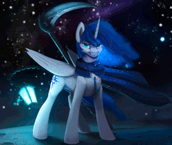 Size: 680x570 | Tagged: safe, artist:rodrigues404, oc, oc only, oc:prince nova, alicorn, pony, alicorn oc, animated, cinemagraph, clothes, gif, male, scythe, solo, stars, weapon
