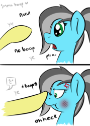 Size: 500x700 | Tagged: safe, artist:glimglam, oc, oc only, oc:pole position, :t, angry, annoyed, blushing, boop, cross-popping veins, cute, dialogue, disembodied hoof, frown, glare, heck, hooves, no, non-consensual booping, nose wrinkle, ocbetes, offscreen character, open mouth, pls, pls no, puffy cheeks, scrunchy face, wide eyes, ye