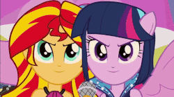 Size: 600x337 | Tagged: safe, screencap, adagio dazzle, applejack, aria blaze, dj pon-3, fluttershy, pinkie pie, rainbow dash, rarity, sonata dusk, sunset shimmer, twilight sparkle, vinyl scratch, human, siren, equestria girls, g4, my little pony equestria girls: rainbow rocks, >:), >:d, animated, armpits, cute, female, gif, hands in the air, happy, humane five, humane seven, humane six, ponied up, shimmerbetes, shockwave, sleeveless, smiling, smirk, the dazzlings, the rainbooms, twiabetes, welcome to the show