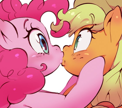 Size: 562x500 | Tagged: safe, artist:jirousan, applejack, pinkie pie, earth pony, pony, g4, blushing, cowboy hat, duo, eye contact, female, hat, kiss on the lips, kissing, lesbian, looking at each other, mare, nose wrinkle, possible cousin incest, possible incest, possibly cousins, profile, ship:applepie, shipping, simple background, squishy cheeks, stetson, white background
