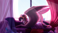 Size: 2560x1440 | Tagged: safe, artist:joellethenose, princess flurry heart, alicorn, pony, g4, couch, crown, drapes, female, frown, jewelry, large wings, looking at you, mare, older, prone, regalia, solo, story included, subsurface scattering, sunlight, window, wings