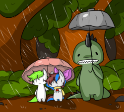 Size: 1024x931 | Tagged: safe, artist:myumimon, oc, oc only, oc:bing, oc:breezy, oc:jeef, bingzy, cute, my neighbor totoro, poké ball, pokémon, rain, umbrella