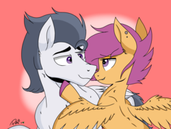 Size: 2048x1536 | Tagged: safe, artist:pimpartist101, rumble, scootaloo, g4, couple, ear piercing, looking at each other, male, nose piercing, older, piercing, ship:rumbloo, shipping, smiling, straight