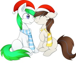 Size: 985x811 | Tagged: safe, artist:scarlet-spectrum, oc, oc only, oc:bing, oc:breezy, earth pony, pony, bingzy, clothes, commission, cute, hat, santa hat, scarf, simple background, white background