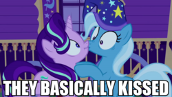 Size: 1920x1080 | Tagged: safe, edit, edited screencap, screencap, starlight glimmer, trixie, pony, unicorn, totally legit recap, g4, to where and back again, accidental kiss, boop, caption, duo, female, image macro, kissing, lesbian, mare, noseboop, scrunchy face, ship:startrix, shipping, text