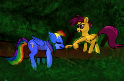 Size: 1000x650 | Tagged: safe, anonymous artist, rainbow dash, scootaloo, g4, tickling