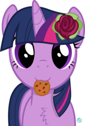 Size: 1900x2798 | Tagged: safe, artist:arifproject, twilight sparkle, pony, g4, :3, arif's scrunchy pone, chest fluff, cookie, cute, female, flower, flower in hair, food, looking at you, mare, nom, rose, simple background, solo, transparent background, twiabetes, vector