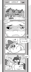 Size: 1024x2329 | Tagged: safe, artist:loreto-arts, apple bloom, spike, dragon, earth pony, pony, comic:friendship is innuendo, g4, bandage, comic, cutie mark, derp, female, filly, foal, grayscale, hospital, injured, male, monochrome, ship:spikebloom, shipping, stars, straight, teary eyes, the cmc's cutie marks