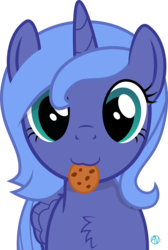 Size: 1959x2920 | Tagged: safe, artist:arifproject, princess luna, alicorn, pony, g4, :3, arif's scrunchy pone, chest fluff, cookie, cute, female, filly, food, looking at you, mare, mouth hold, s1 luna, simple background, solo, transparent background, vector, woona, younger