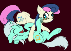 Size: 1000x714 | Tagged: safe, artist:xbi, bon bon, lyra heartstrings, sweetie drops, pony, g4, adorabon, colored sketch, cute, eyes closed, feather, female, fetish, hoof fetish, hoof tickling, lesbian, lyrabetes, open mouth, red background, ship:lyrabon, shipping, simple background, smiling, tickling, underhoof