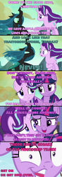 Size: 1280x3640 | Tagged: safe, edit, edited screencap, screencap, queen chrysalis, starlight glimmer, thorax, twilight sparkle, alicorn, changeling, changeling queen, pony, g4, lesson zero, no second prances, to where and back again, caption, comic, female, former queen chrysalis, image macro, implied king sombra, implied lord tirek, meme, screencap comic, twilight sparkle (alicorn)