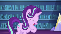 Size: 1280x720 | Tagged: safe, screencap, starlight glimmer, pony, unicorn, every little thing she does, g4, cute, eyes closed, female, glimmerbetes, mare, open mouth, raised hoof, smiling, solo