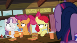 Size: 1366x768 | Tagged: safe, screencap, apple bloom, scootaloo, sweetie belle, twilight sparkle, alicorn, pony, g4, twilight time, :|, annoyed, burger, cutie mark crusaders, drink, food, french fries, hay burger, hay fries, out of context, startled, twilight sparkle (alicorn)
