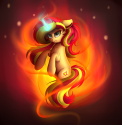 Size: 1908x1952 | Tagged: safe, artist:vanillaghosties, sunset shimmer, pony, unicorn, g4, female, fiery shimmer, fire, magic, solo