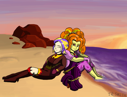 Size: 3450x2654 | Tagged: safe, artist:gogglespizano, adagio dazzle, oc, oc:stanza, equestria girls, g4, barefoot, clothes, commission, equestria girls-ified, eyes closed, feet, high res, ocean, sand, sleeping
