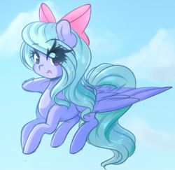 Size: 1280x1246 | Tagged: safe, artist:fluffymaiden, flitter, pegasus, pony, g4, bow, cloud, eye clipping through hair, female, flying, hair bow, looking at you, mare, open mouth, sky, solo, spread wings, wings