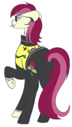 Size: 800x1400 | Tagged: safe, artist:cinnamonsparx, roseluck, earth pony, pony, g4, butt, cigarette, clothes, female, mare, plot, rosebutt, simple background, solo, sunglasses, transparent background