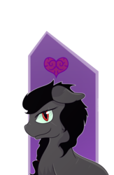 Size: 957x1469 | Tagged: safe, artist:wulfanite, oc, oc only, oc:umbra heart, abstract background, bust, floppy ears, heart, looking at you, next generation, offspring, parent:king sombra, portrait, simple background, smirk, solo, transparent background