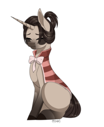 Size: 1582x1930 | Tagged: safe, artist:ohhoneybee, oc, oc only, oc:jamie, pony, unicorn, :t, bow, clothes, eyes closed, female, mare, shawl, simple background, solo, transparent background