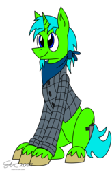 Size: 2000x3041 | Tagged: safe, artist:derpanater, oc, oc only, oc:live "derp" bait, pony, unicorn, fallout equestria, clothes, facial hair, flannel, high res, scarf, simple background, sitting, smiling, solo, transparent background
