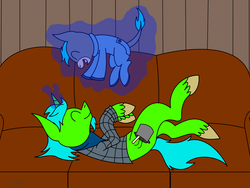 Size: 3500x2625 | Tagged: safe, artist:derpanater, oc, oc only, oc:live "derp" bait, mule, pony, unicorn, fallout equestria, clothes, colt, couch, cute, father and son, flannel, foal, footed sleeper, happy, high res, magic, male, onesie, pajamas, playing, scarf, smiling, telekinesis