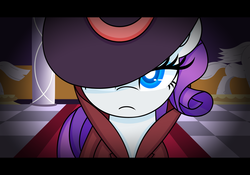 Size: 4000x2800 | Tagged: safe, artist:aryannahoshi, rarity, g4, rarity investigates, clothes, colored, colored pupils, detective rarity, female, hat, high res, letterboxing, scene interpretation, solo, widescreen
