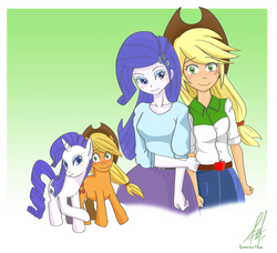 Size: 3072x2806 | Tagged: safe, artist:leonartha03, applejack, rarity, human, equestria girls, g4, clothes, cowboy hat, denim skirt, female, freckles, hat, high res, human ponidox, lesbian, self ponidox, ship:rarijack, shipping, signature, skirt