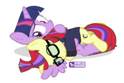 Size: 900x600 | Tagged: safe, artist:dm29, moondancer, twilight sparkle, alicorn, pony, g4, clothes, cute, duo, eyes closed, glasses, hug, julian yeo is trying to murder us, lying, simple background, sweater, transparent background, twilight sparkle (alicorn)