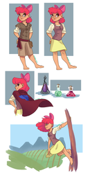 Size: 1024x2023 | Tagged: safe, artist:joan-grace, apple bloom, human, g4, apple bloom's bow, barefoot, bow, cape, clothes, cmc cape, cute, feet, female, hair bow, humanized, potion, skirt, solo, toes, tree