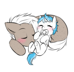 Size: 749x736 | Tagged: safe, artist:askbubblelee, oc, oc only, oc:bubble lee, oc:singe, pegasus, pony, unicorn, baby, baby pony, chest fluff, cousins, cute, duo, foal, freckles, hnnng, ocbetes, pacifier, pony pillow, prone, simple background, sleeping, underhoof, white background, younger