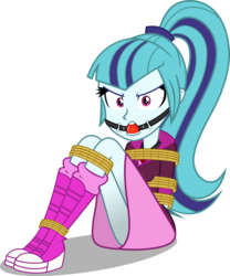 Size: 2492x3000 | Tagged: safe, artist:cyberapple456, sonata dusk, human, equestria girls, g4, ballgag, bondage, boots, clothes, female, gag, high res, ponytail, rope, rope bondage, show accurate, simple background, skirt, skirt lift, socks, solo, transparent background