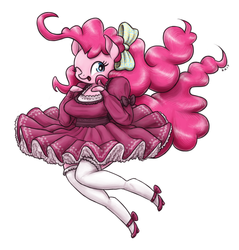 Size: 1280x1337 | Tagged: safe, artist:king-kakapo, pinkie pie, earth pony, anthro, g4, arm hooves, bow, breasts, busty pinkie pie, clothes, cute, dress, female, hair bow, happy, one eye closed, open mouth, paraskirt, shoes, simple background, smiling, socks, solo, stockings, thigh highs, wink