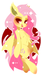 Size: 1056x1912 | Tagged: safe, artist:snow angel, fluttershy, bat pony, pony, g4, abstract background, belly button, bipedal, colored pupils, cute little fangs, fangs, female, flutterbat, looking at you, open mouth, race swap, red eyes, simple background, smiling, solo, spread wings, transparent background