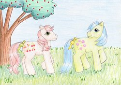 Size: 1024x720 | Tagged: safe, artist:normaleeinsane, cherries jubilee, tootsie, g1, duo, grass, traditional art, tree