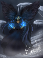 Size: 1672x2250 | Tagged: safe, artist:comsing8, princess luna, spirit of hearth's warming yet to come, human, g4, clothes, dress, female, frown, humanized, looking at you, magic, snow, solo, spread wings, winged humanization, wings
